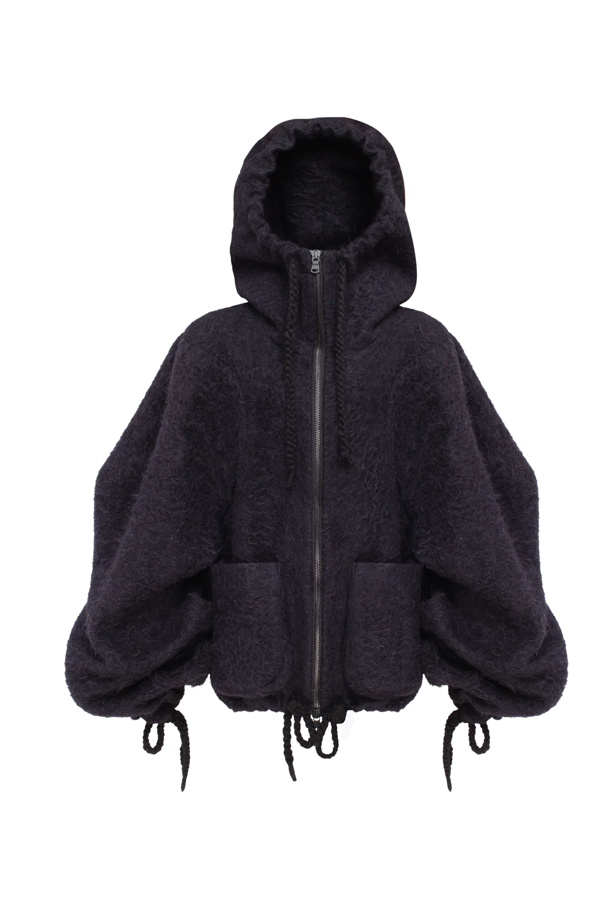 Black fluffy wool jacket with sculptural sleeves