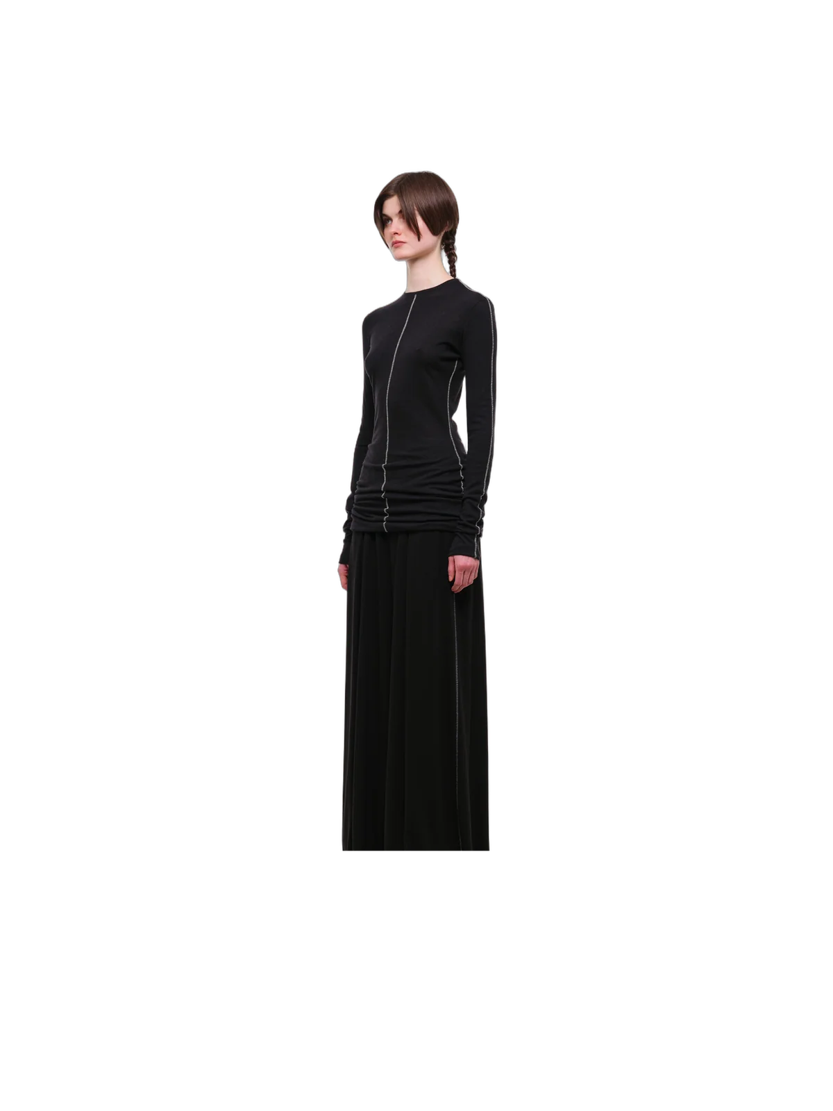 Black long-sleeve top with a crew-neck collar and contrasting decorative beige seam details