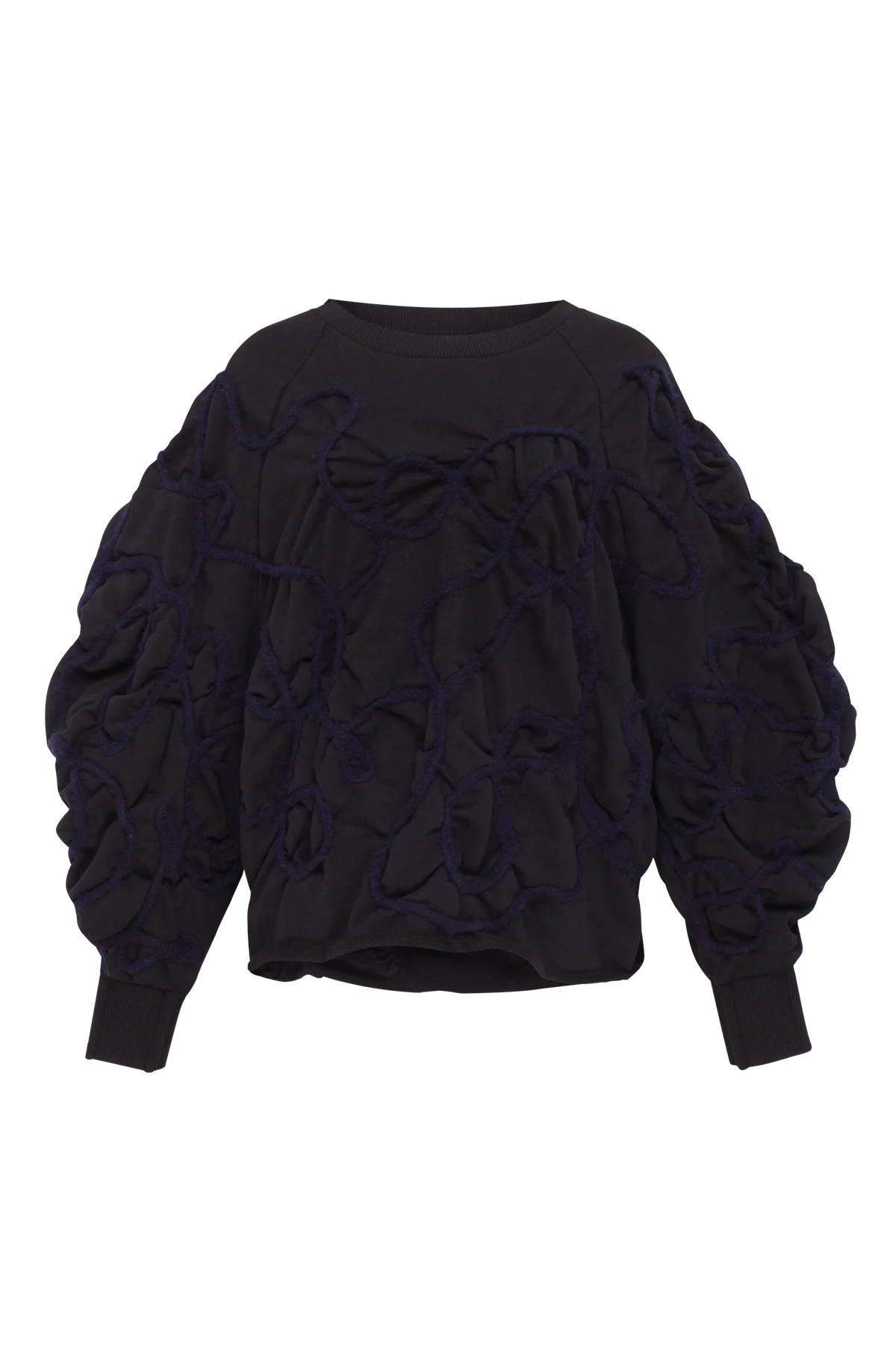 Black sweatshirt with decorative detailing in deep blue yarn