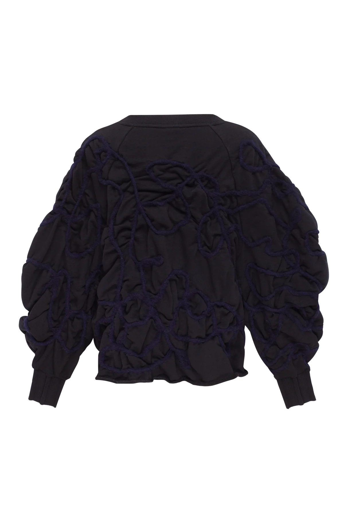 Black sweatshirt with decorative detailing in deep blue yarn view 2