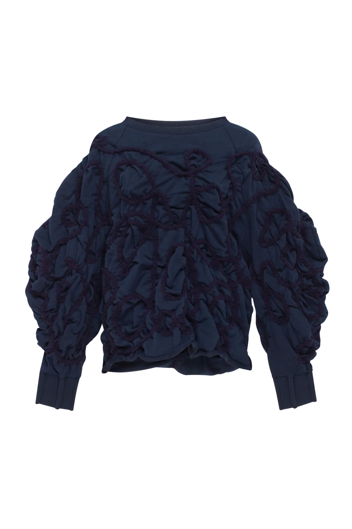 Blue sweatshirt with decorative detailing in deep blue yarn