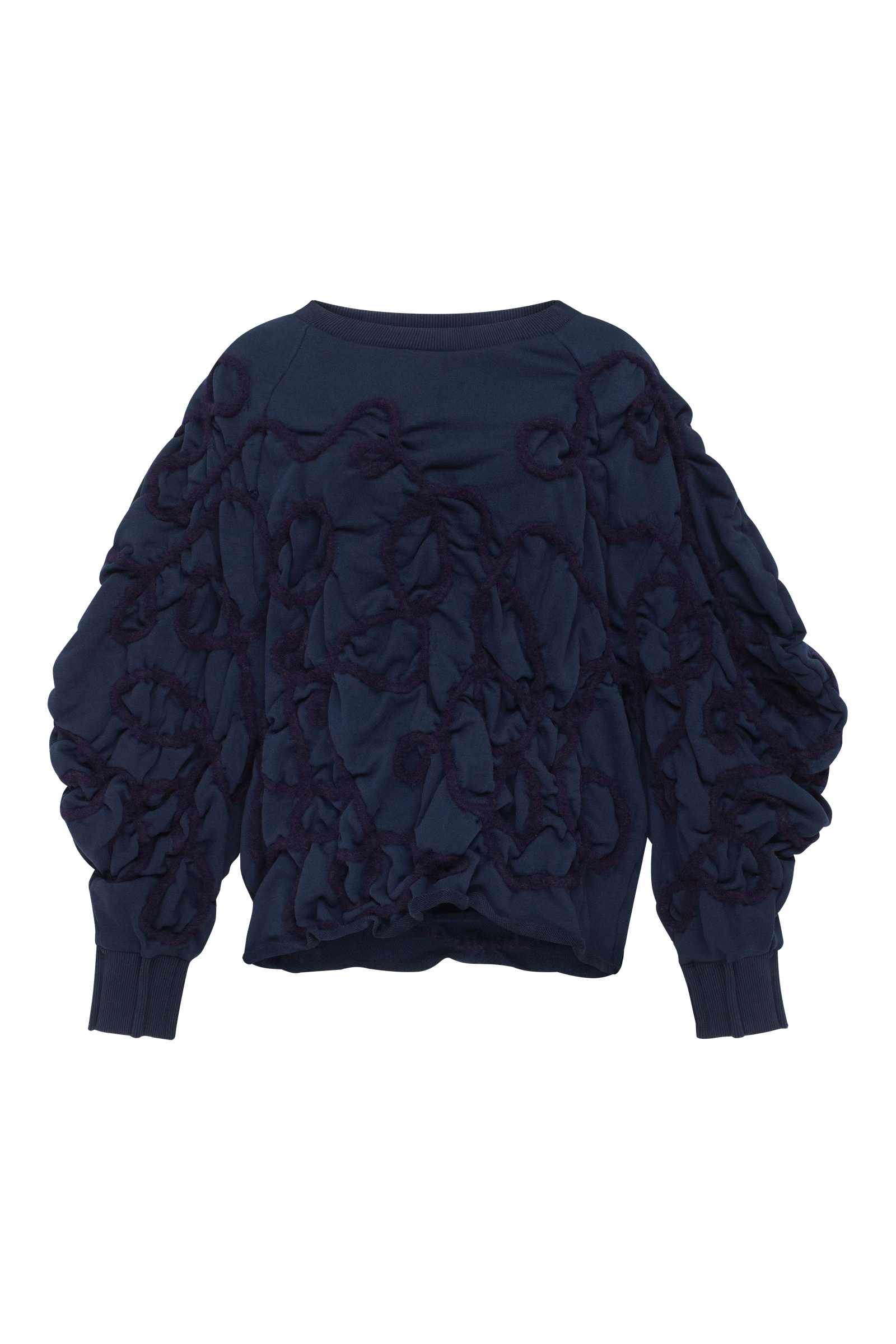 Blue sweatshirt with decorative detailing in deep blue yarn