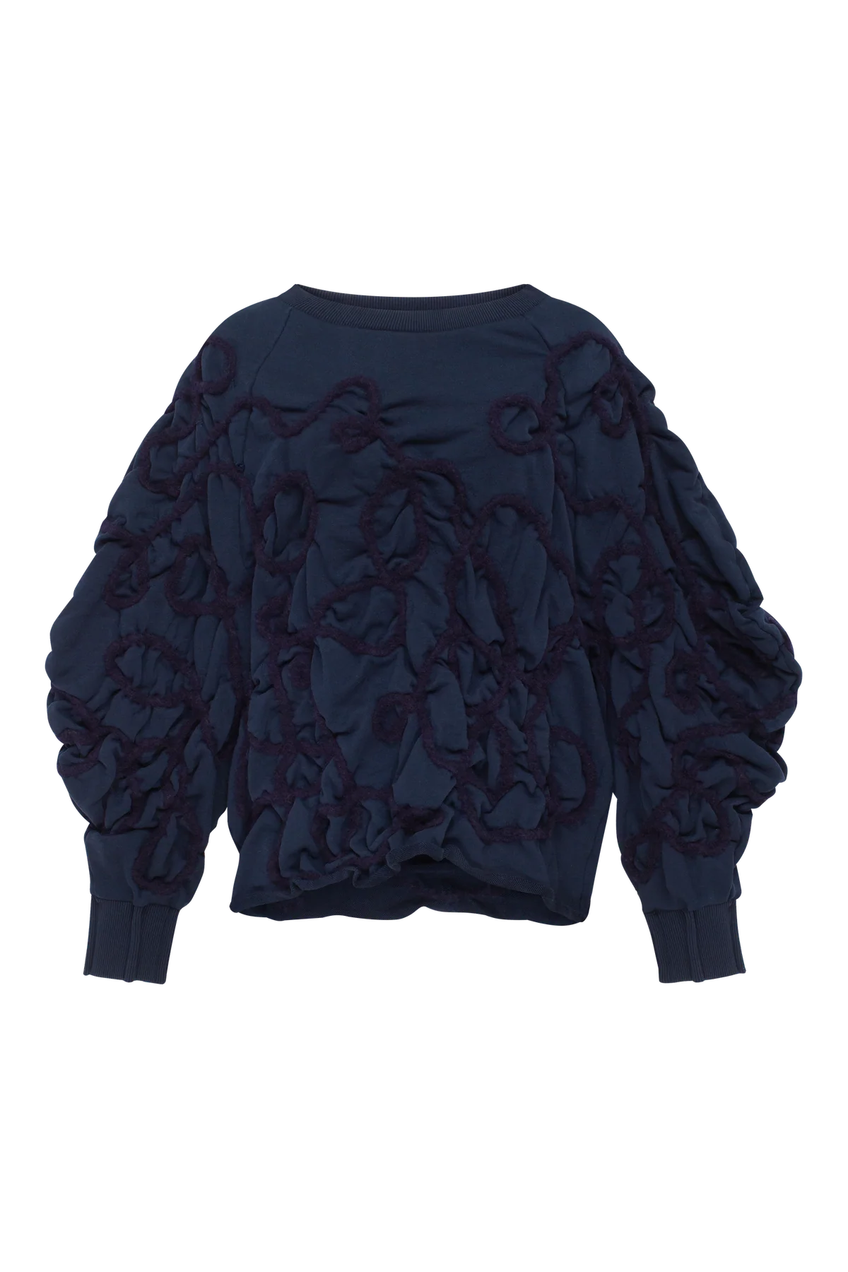 Blue sweatshirt with decorative detailing in deep blue yarn