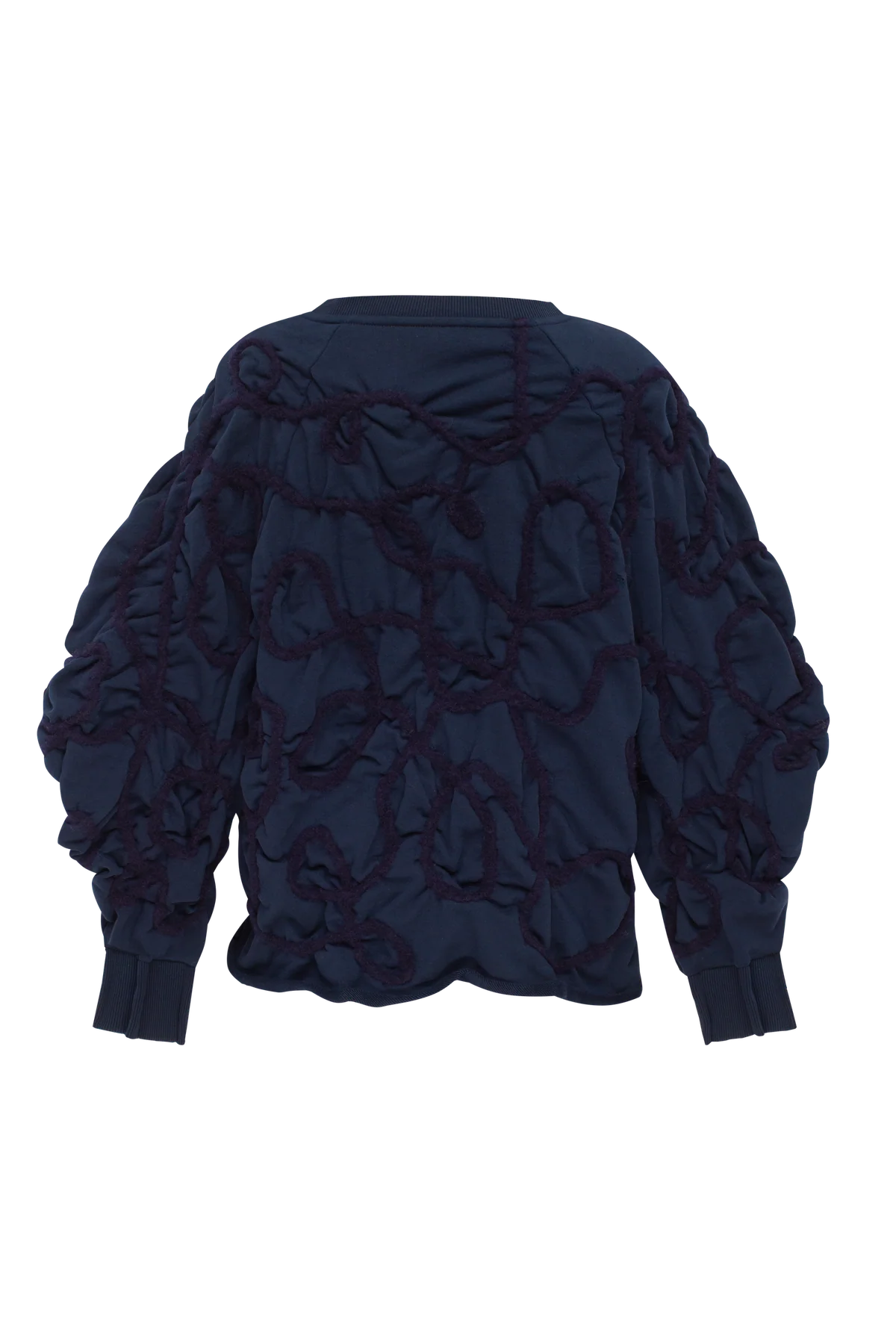 Blue sweatshirt with decorative detailing in deep blue yarn view 2