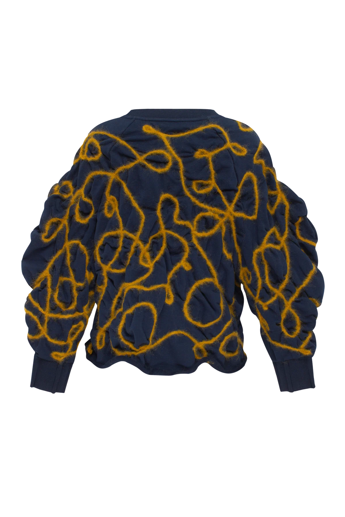 Blue sweatshirt with decorative detailing in mustard yellow yarn