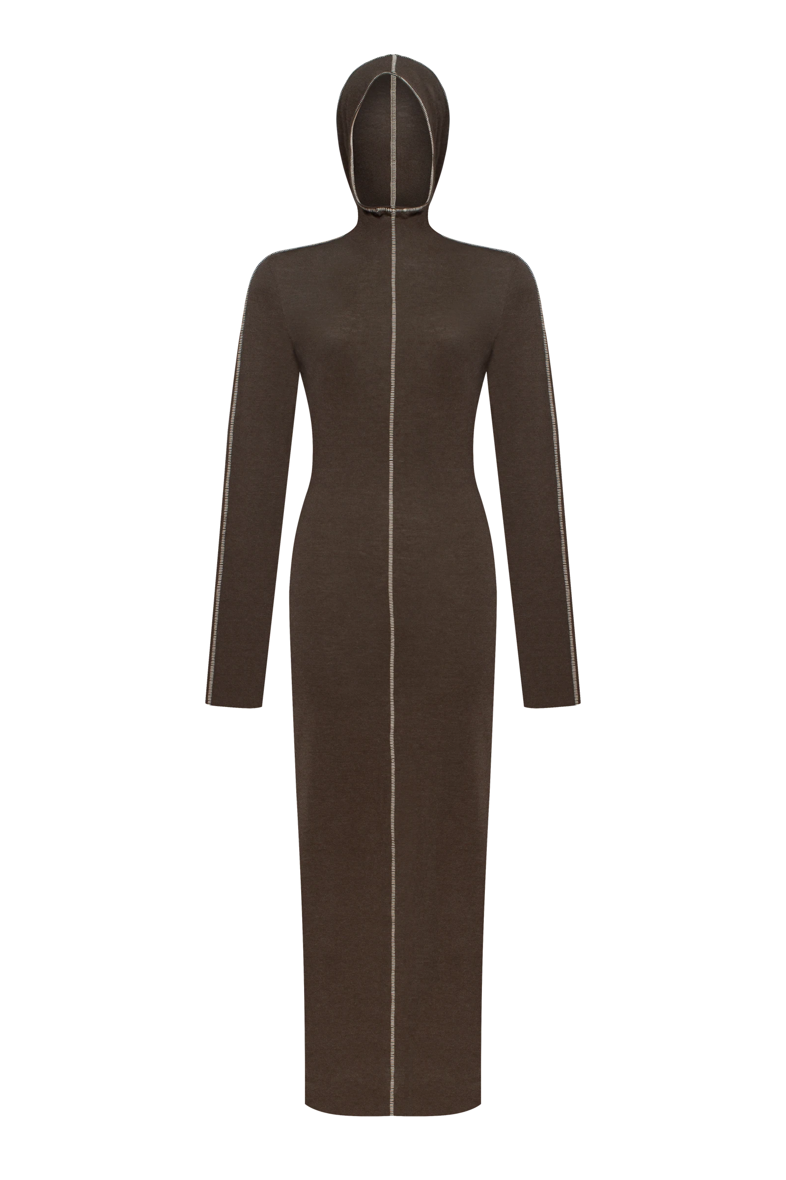 Dark brown maxi long-sleeve dress with a hood