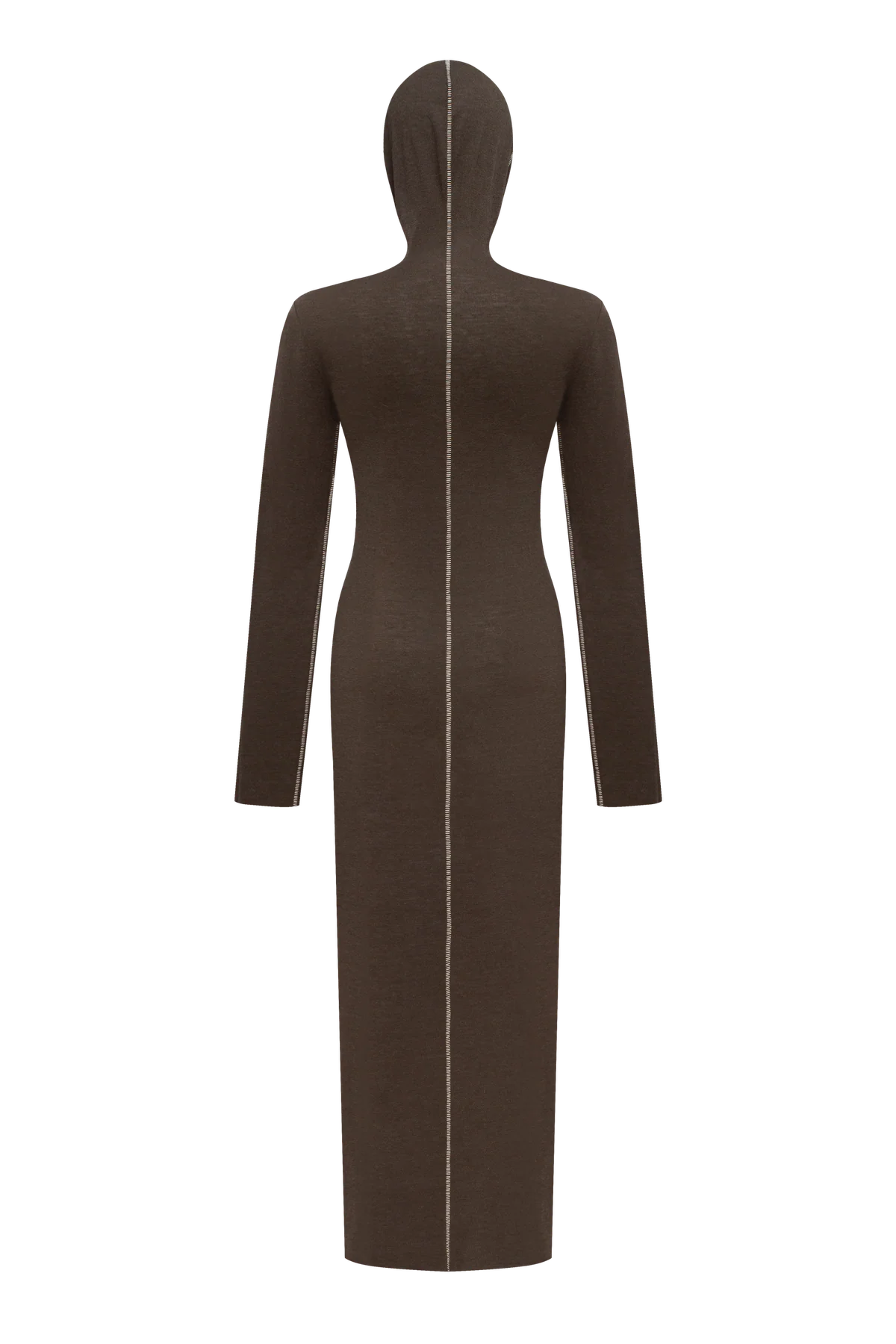 Dark brown maxi long-sleeve dress with a hood view 2