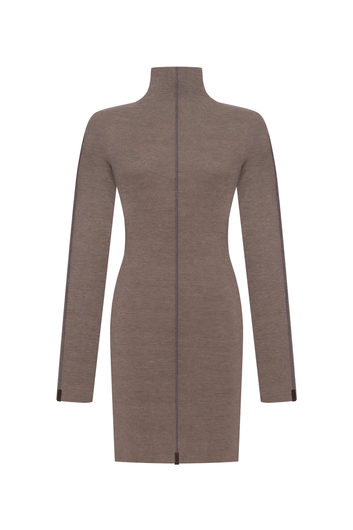 Mocha long-sleeve top with a turtleneck collar.