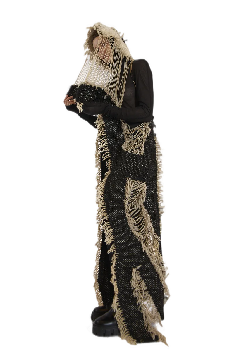 Venera — Black-Cream Woven Hooded Coat